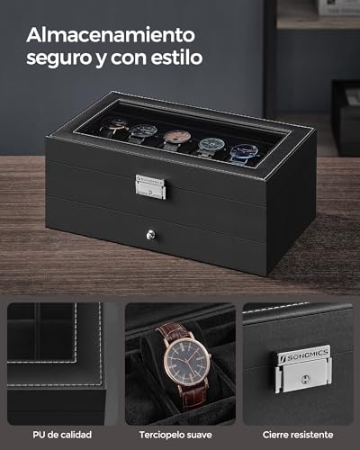 Detalle de SONGMICS Caja de Reloj JWB012B03: Estuche de 2 niveles para 12 relojes con tapa de cristal y cerradura