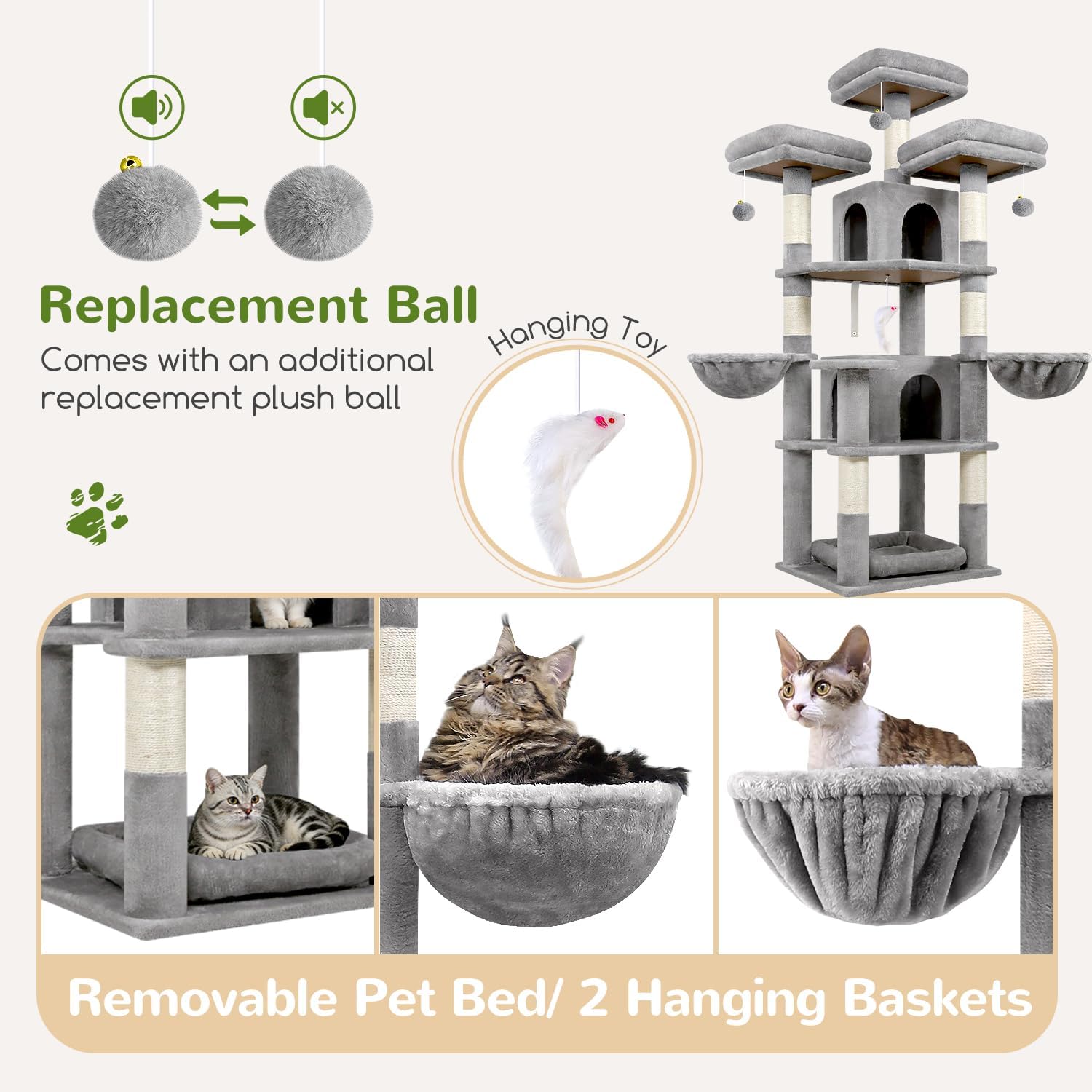 Thumbnail 5 de Globlazer Kratzbaum Stabil 174 cm mit 3 gepolsterten Sitzstangen, Katzenhäusern & Körben (F68B, Hellgrau)