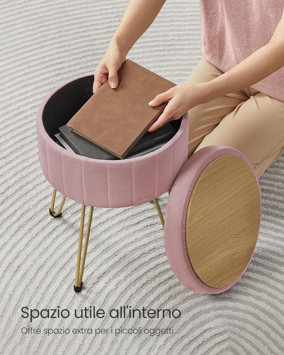 Thumbnail 6 de SONGMICS Sgabello Pouf Contenitore in Velluto Rosa Pastello – Cassapanca Rotonda, 39 x 44,4 cm