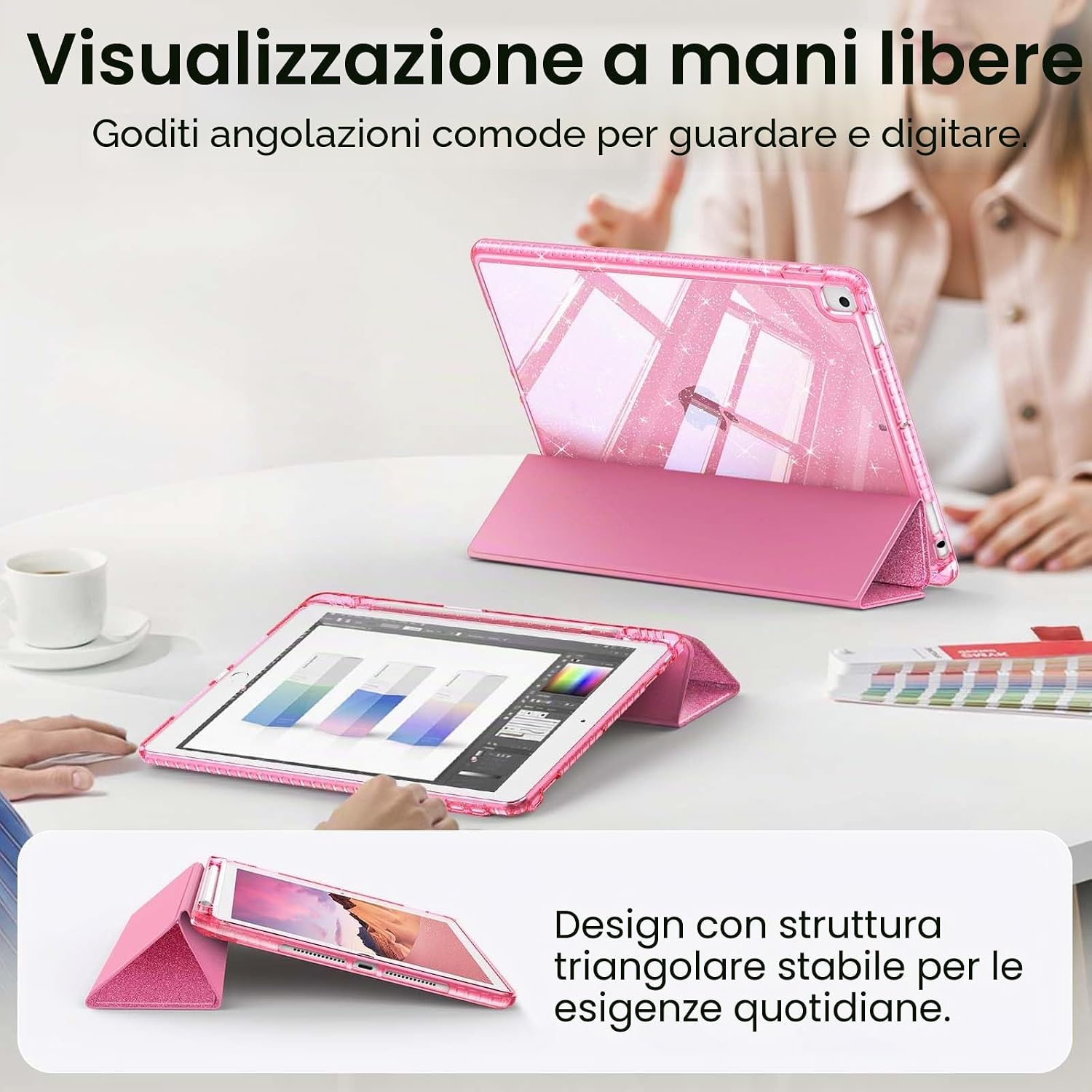 Detalle de FINTIE Cover 10,2" per iPad 9/8/7 Gen (2021/2020/2019) con Portapenne, retro glitter trasparente, sleep/wake automatico - Magenta