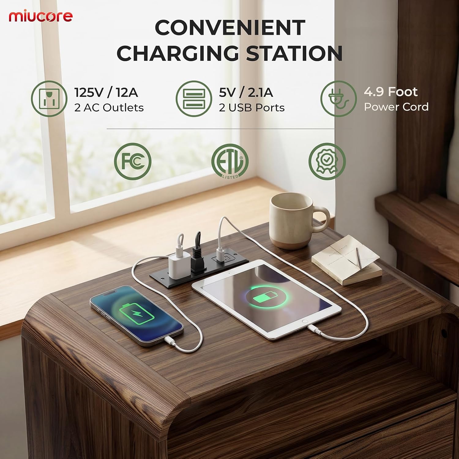 Thumbnail 3 de Miucore FN-NS002 Walnut Nightstand with Charging Station and 2 Drawers