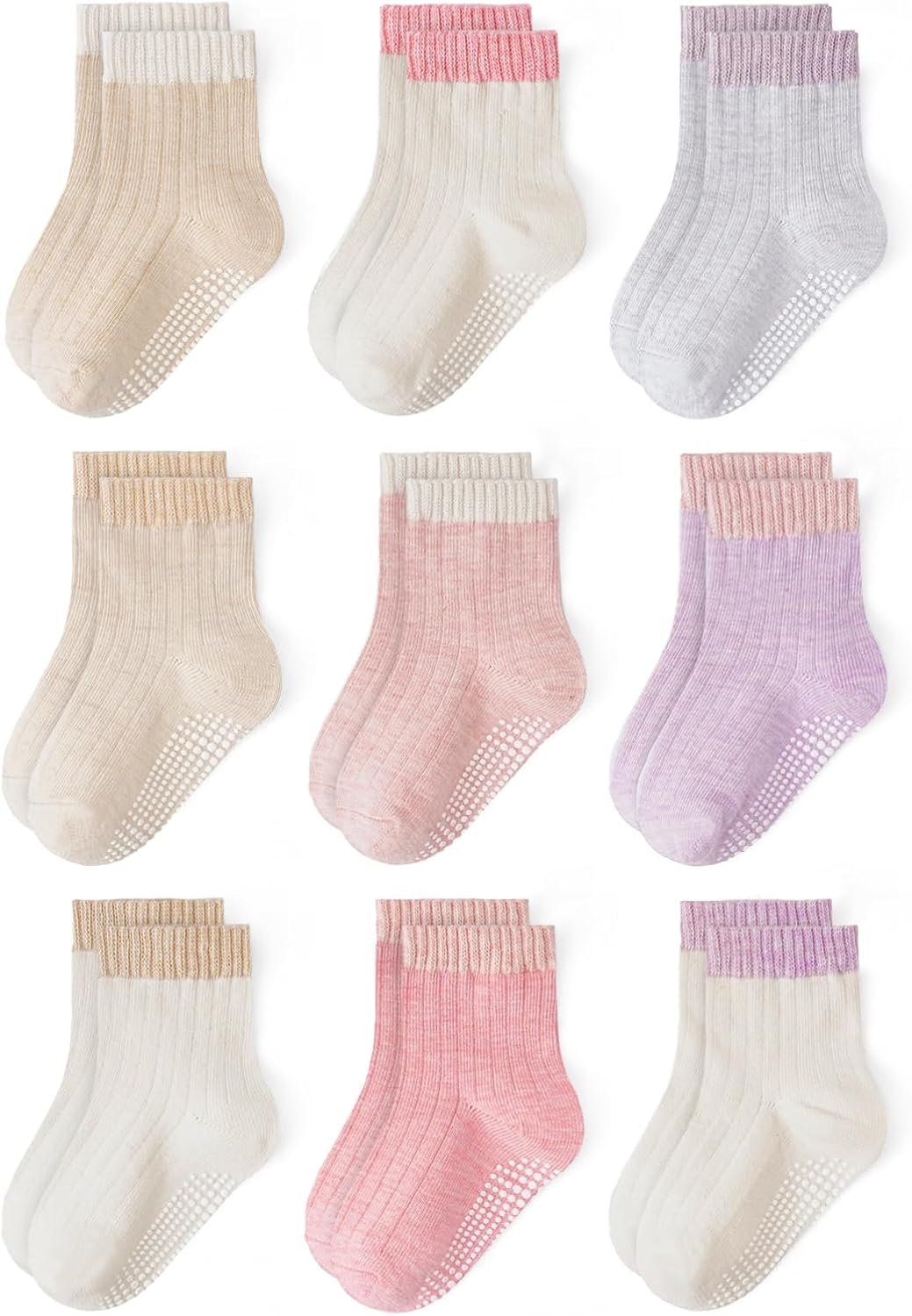 Bearbay Baby Toddler Non-Slip Crew Socks, 9 Pairs, Full-Sole Grips