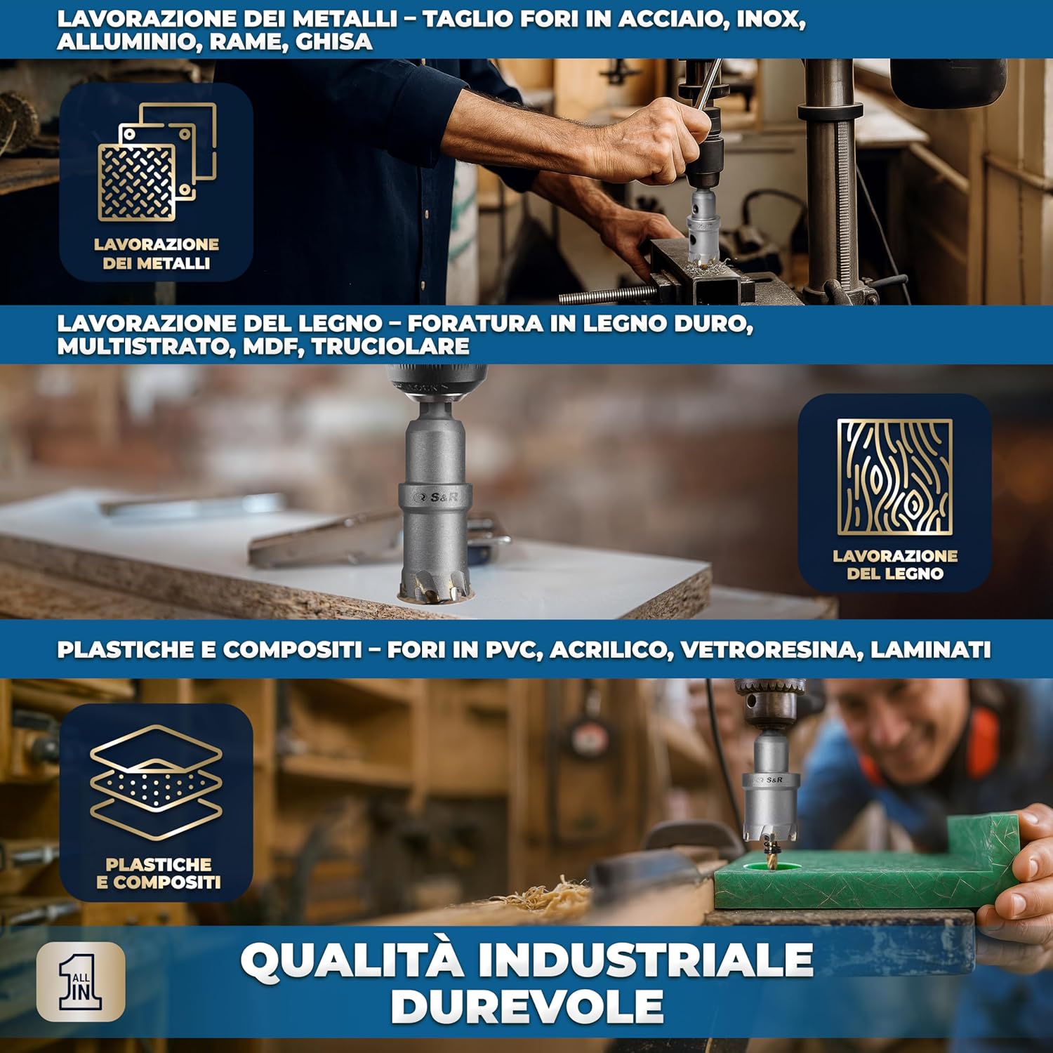 Detalle de S&R Set 5 Seghe a Tazza Metallo (16–30 mm) – Per Metallo, Legno e Plastica con Fresa a Tazza TCT e 7 Punte in Titanio