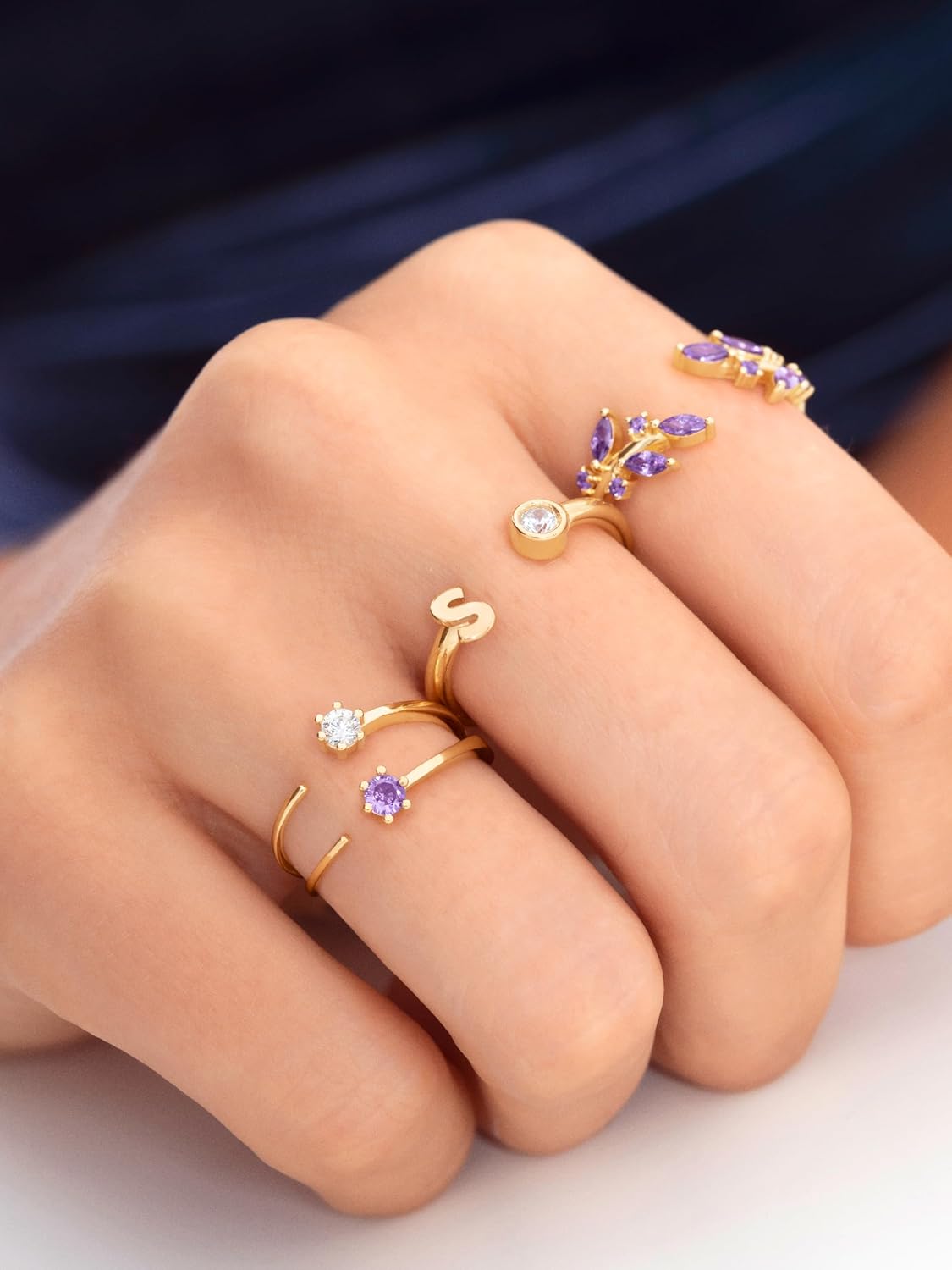 Detalle de SINGULARU – Bague Sophie : bague ajustable en argent sterling 925 plaqué or 18 K, zircons blancs