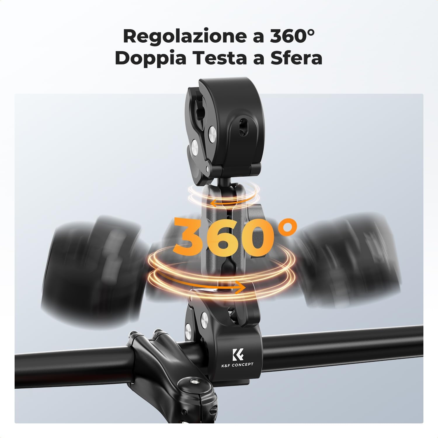 Detalle 2 de K&F CONCEPT doppio attacco a pinza con testa sfera 360° per action cam: supporto universale per manubri e pali