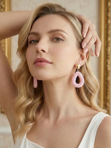 Detalle de Boho Ohrringe hängend für Damen – Tropfenförmige Reisperlen von Joya Love