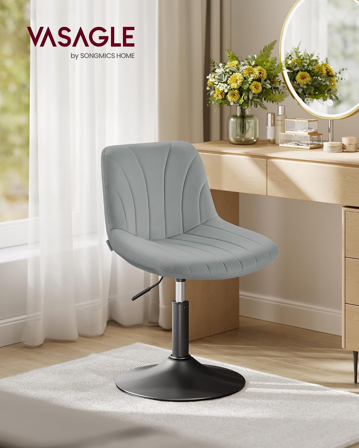 Detalle 2 de VASAGLE Dressing Table Chair: Dove Grey Velvet Swivel Stool