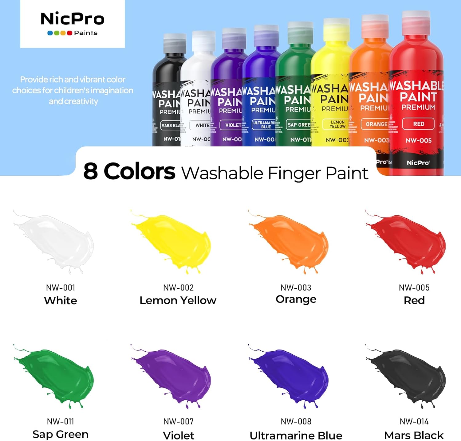 Thumbnail 6 de Nicpro 8-Colour Washable Finger Paint Set for Kids (120 ml total, 8 bottles)