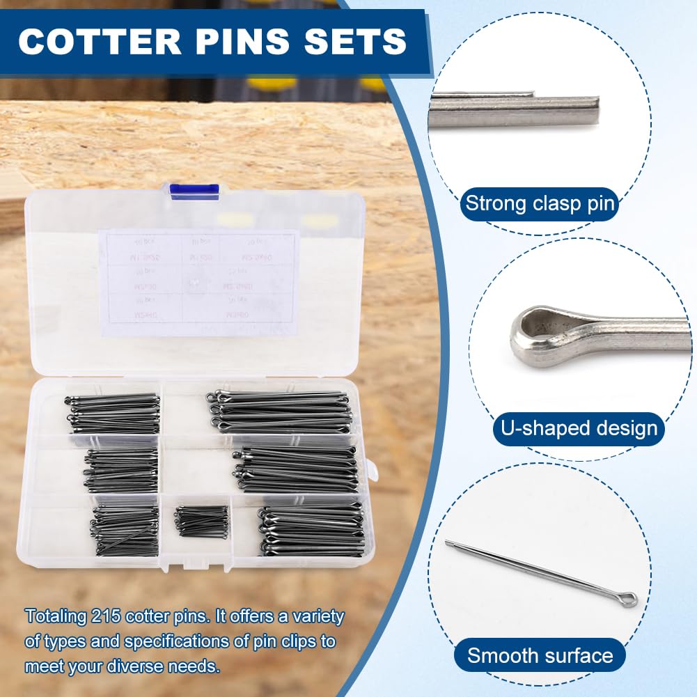 Detalle de 215 PCS Cotter Pins Assorted Kit: Durable Stainless Steel Split Pins in 7 Sizes