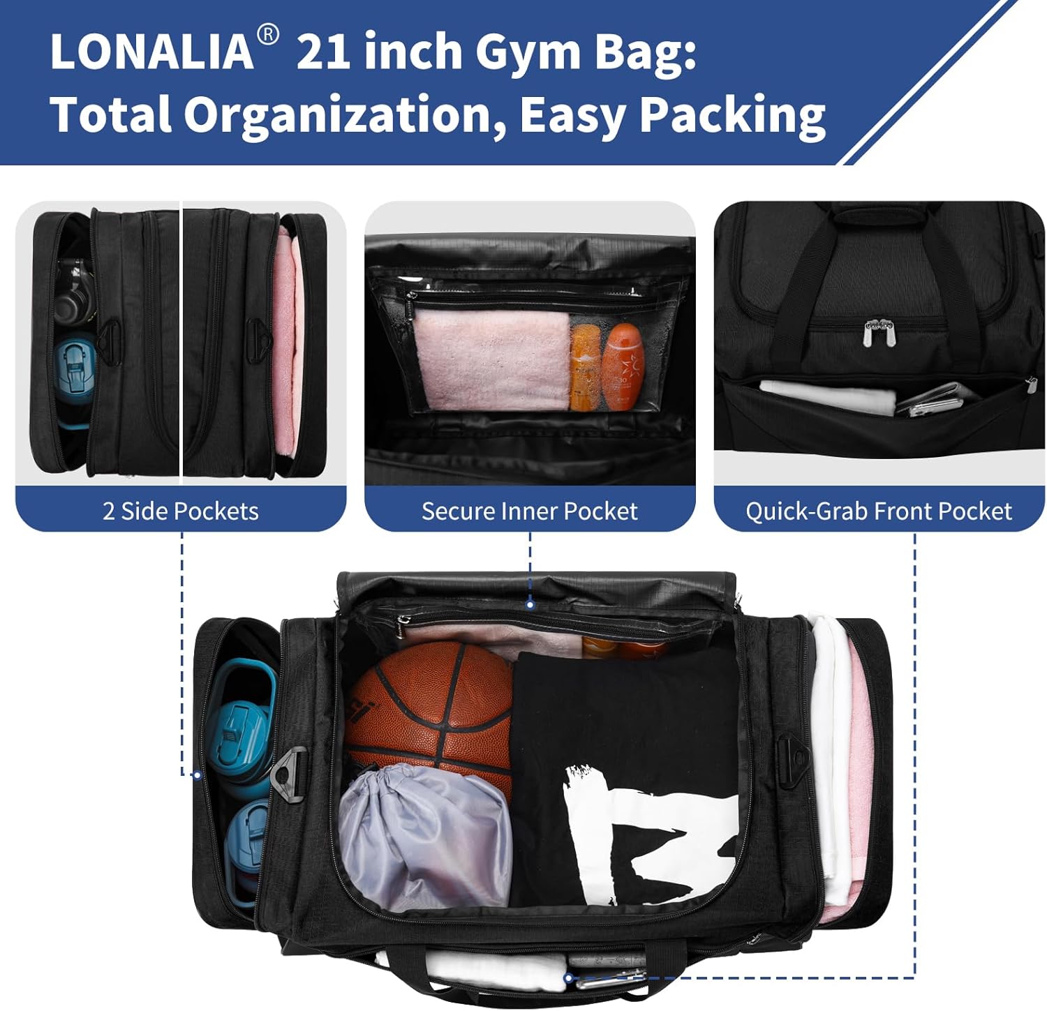 Thumbnail 2 de LONALIA Sac de Sport 45L avec Poche Humide et Compartiment à Chaussures – Noir