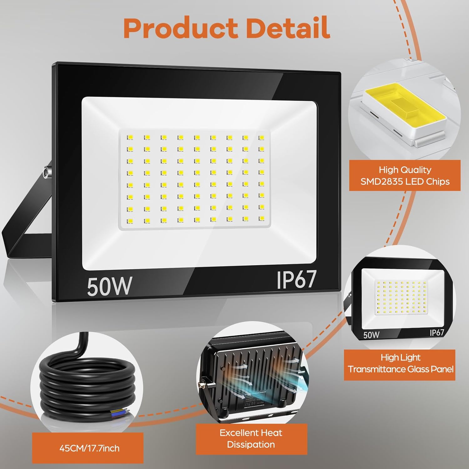 Thumbnail 1 de Faretto LED da esterno 50W da 5000 lm 7000K IP67 (2 pezzi) con staffa regolabile a 180°