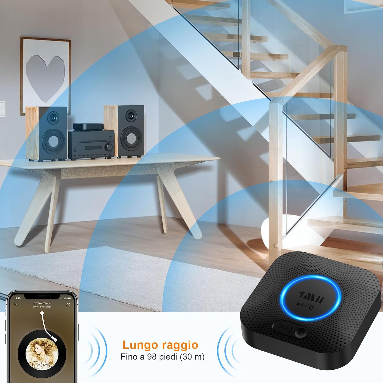 Detalle 2 de 1Mii Ricevitore Bluetooth 5.3 B06+ con aptX HD, Jack 3,5 mm e RCA, Surround 3D