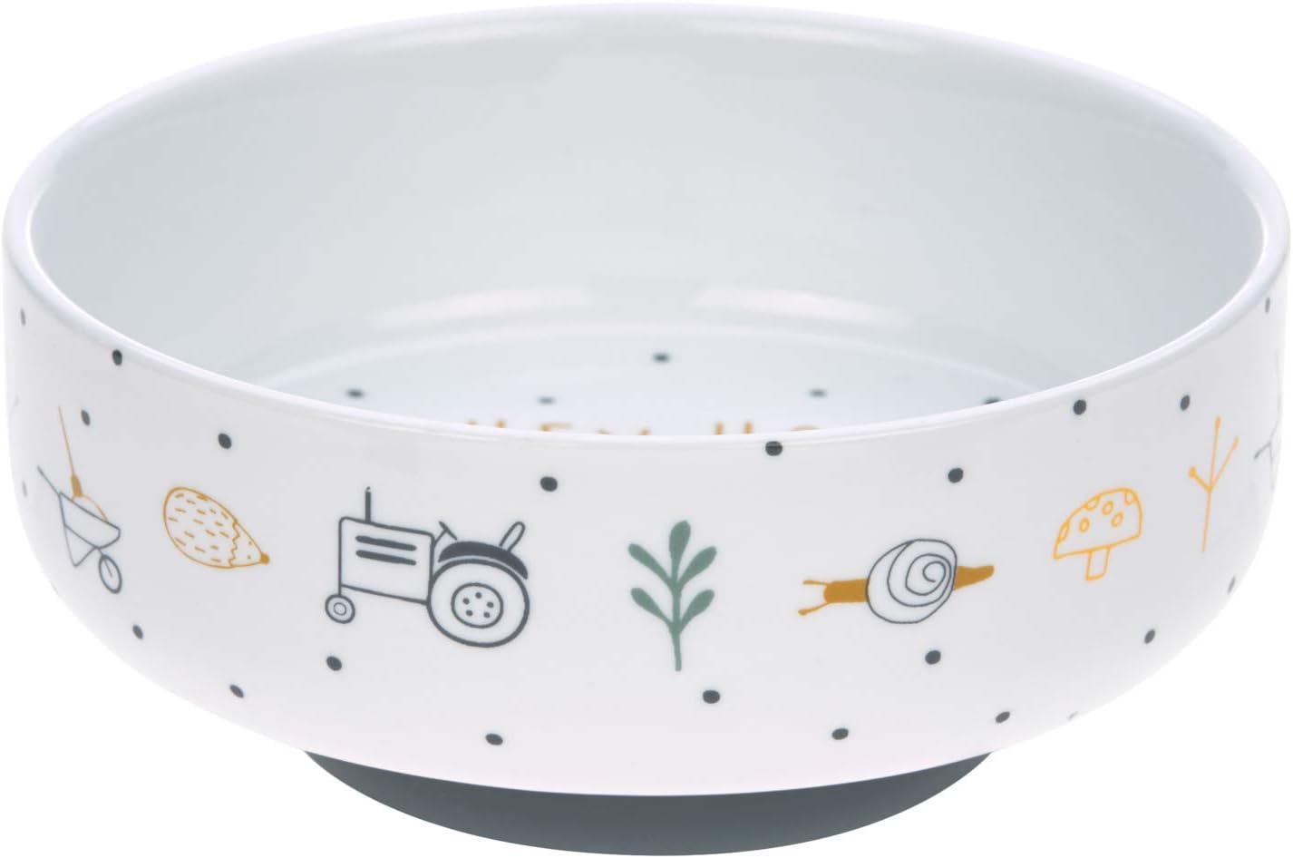 Detalle 2 de LÄSSIG Porzellan-Kindergeschirrset Garden Explorer – Teller, Schüssel, Tasse mit Silikonring