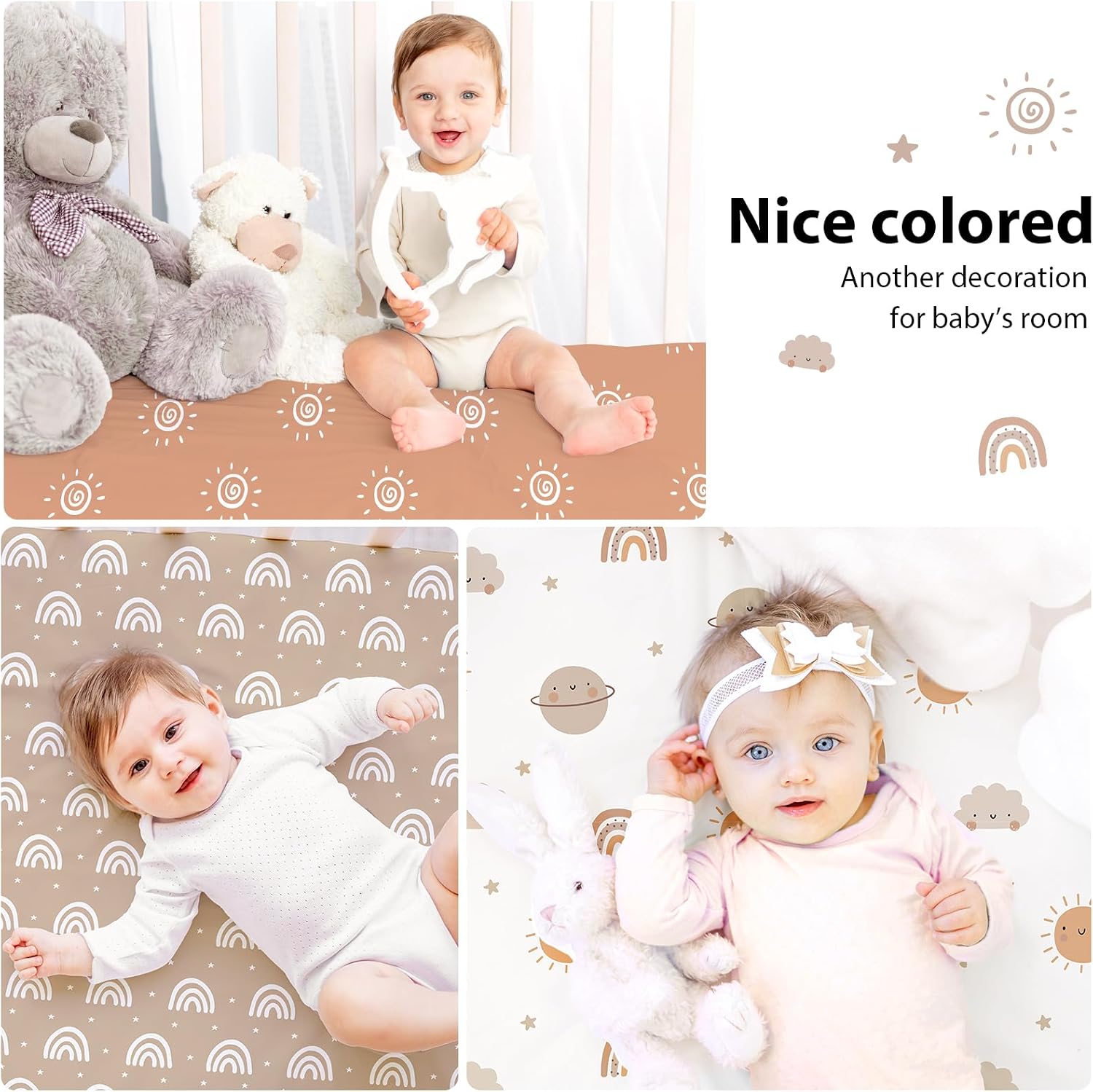 Detalle 2 de FIEMOL Baby Spannbettlaken 60x120 cm (3er-Set) aus Mikrofaser – orange Sonne Regenbogen