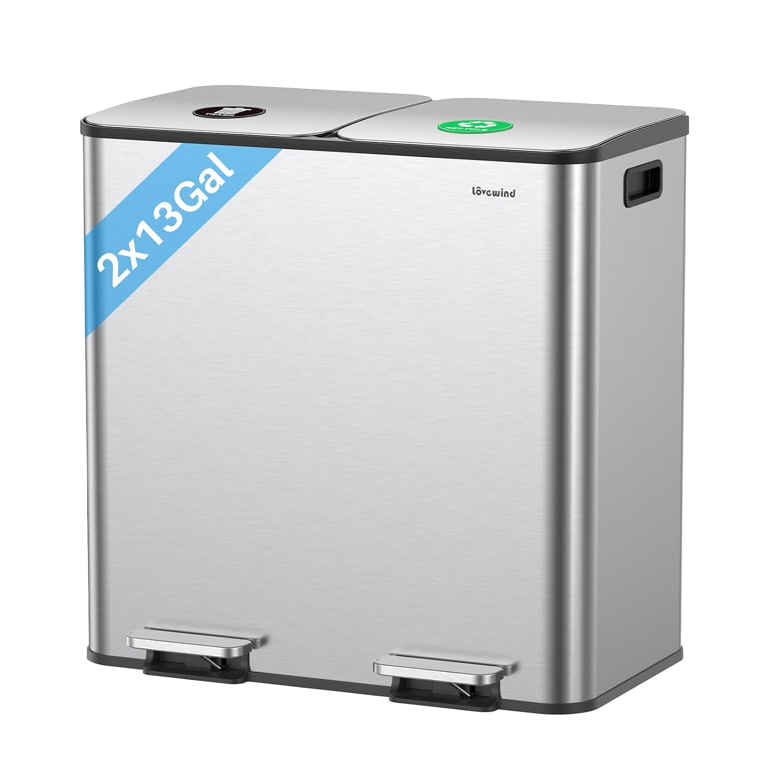 Detalle de Lovewind Dual Trash and Recycling Bin, 2 x 13-Gallon, Stainless Steel