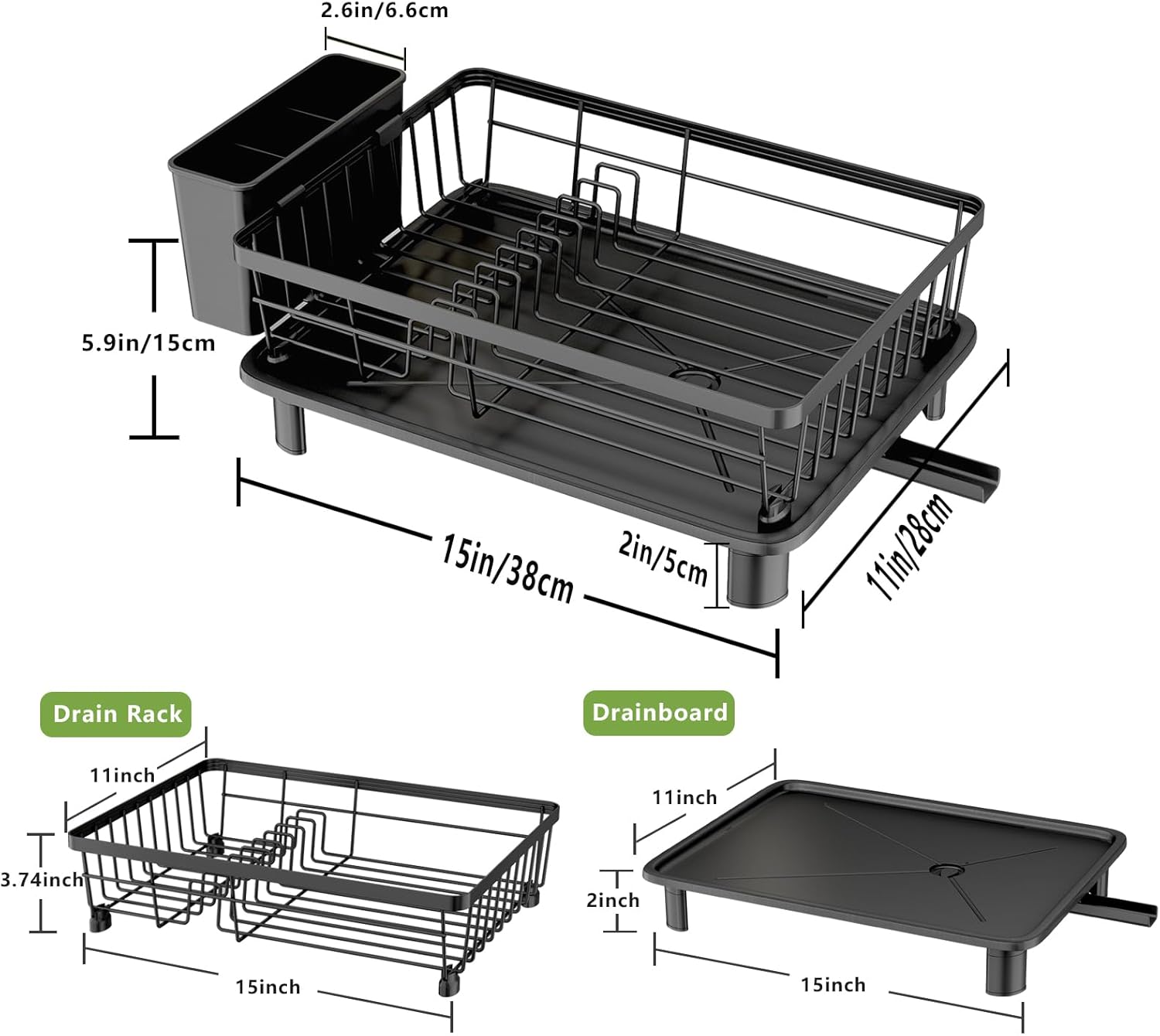 Detalle de GHERISN Dish Drainer Rack with Drip Tray – Stainless Steel sink dish drying rack (black)