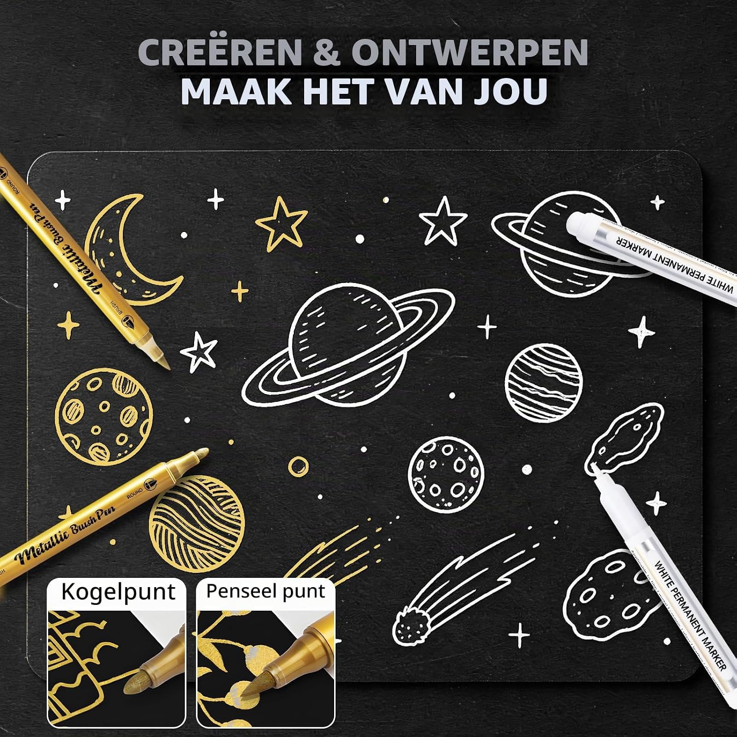 Detalle 1 de KASAFE set met witte gel- en acrylpennen en gouden pen, 8 stuks