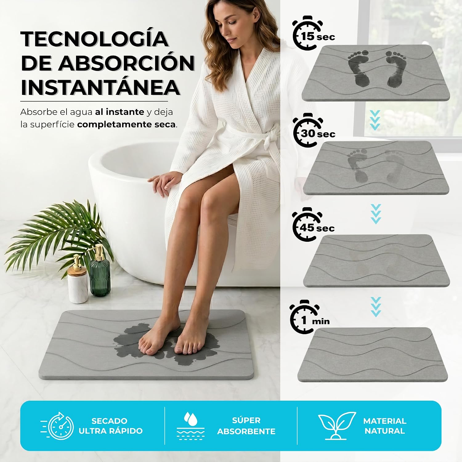 Thumbnail 1 de Pure 4Home Alfombra de diatomita para baño 60x40 (Grey Waves) secado rápido antideslizante