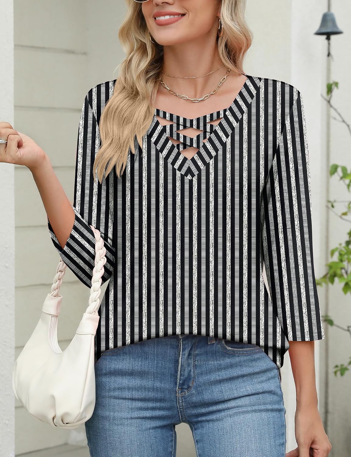 Thumbnail 5 de Rapbin Women Blouses Dressy Casual Spring Tops with 3/4 Sleeves and Criss-Cross V-Neck
