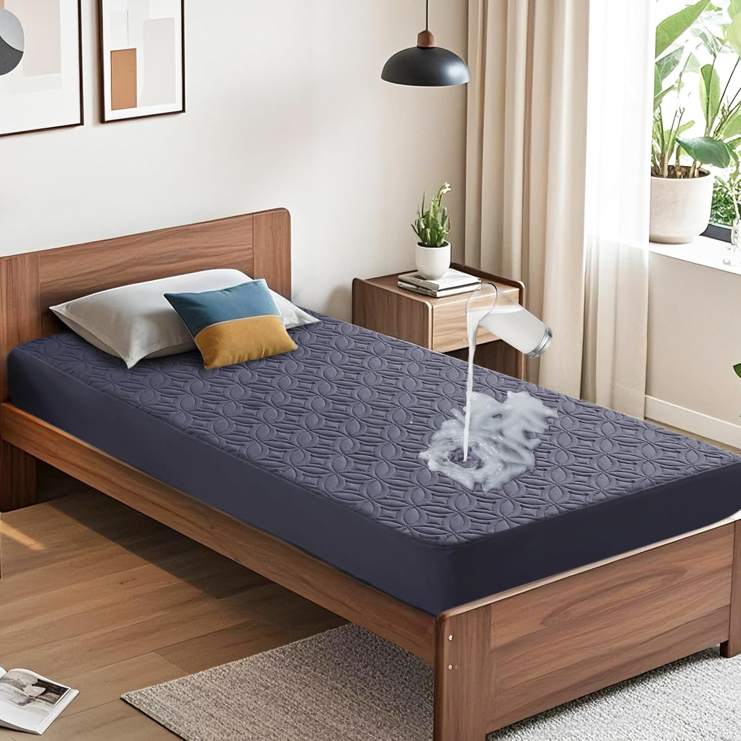 Detalle de BEDLORE Twin Waterproof Mattress Protector, Navy Blue, Deep-Pocket Fit
