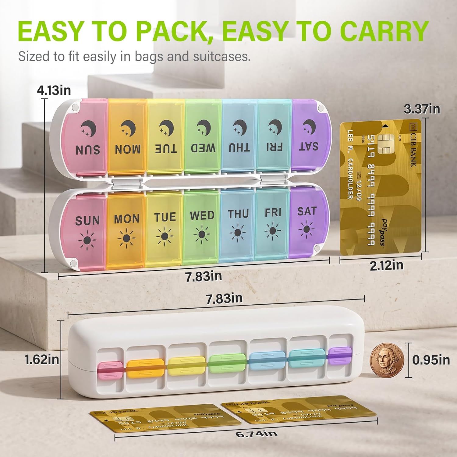 Detalle de Mossime Foldable Weekly Pill Organiser – Premium Magnetic AM/PM 14-Compartment 7-Day (Travel Friendly)