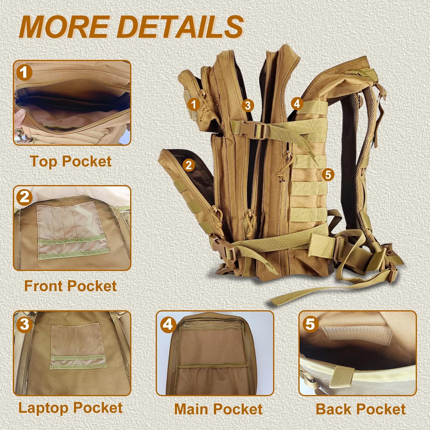 Detalle de Militär Rucksack Herren 45L – Groß, wasserdicht, vielseitig einsetzbar