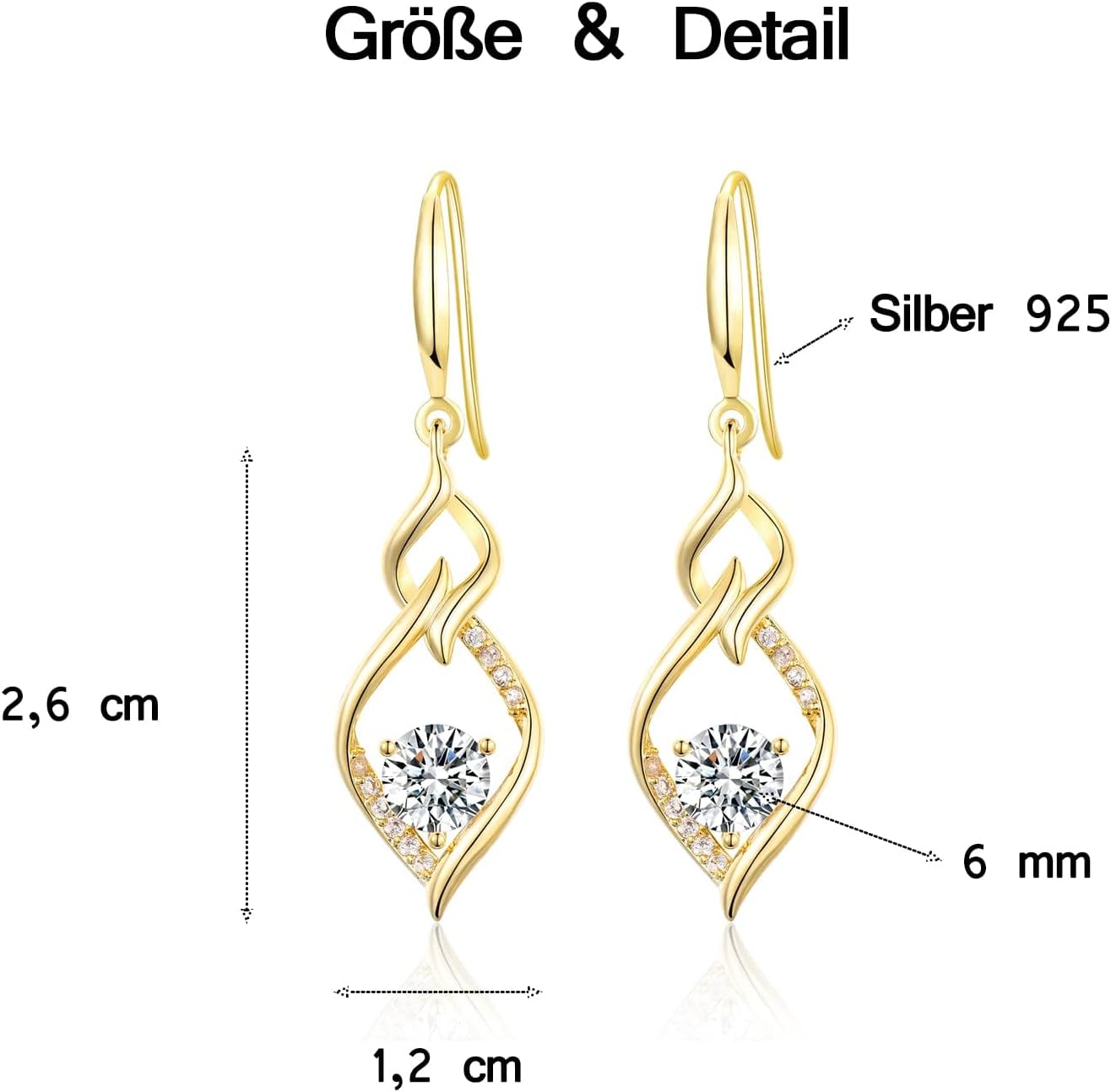 Thumbnail 5 de MASOP Ohrringe Silber 925/Gold Hängend mit AAA Zirkonia – Lange Ohrhänger, 2,6 × 1,2 cm, vergoldet