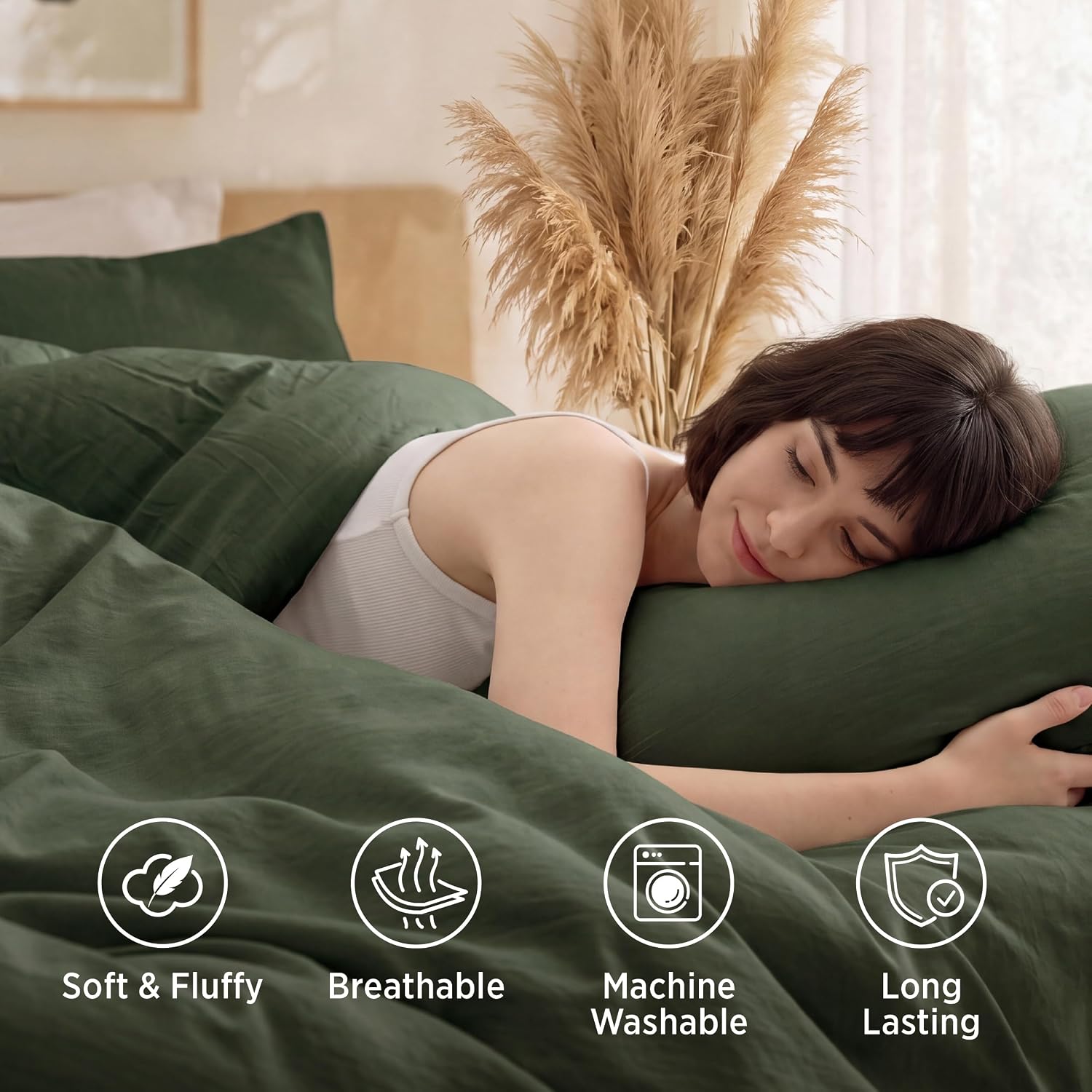 Detalle 2 de Bedsure BB349B2 Full Comforter Set, Dark Green, 3-Piece Polyester Bedding