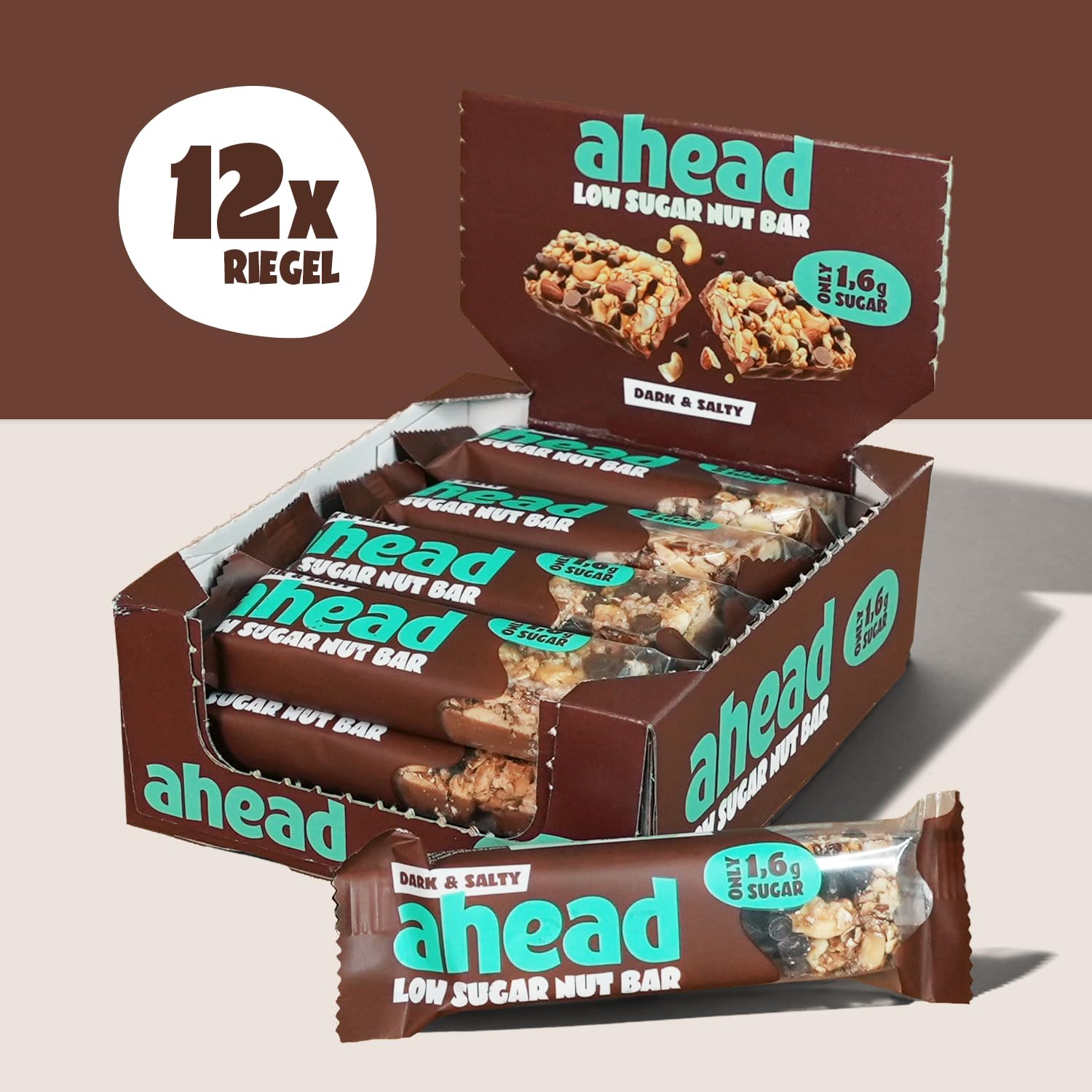 Detalle de AHEAD Nut Bar – Nussriegel zuckerfrei mit Zartbitterschokolade, Cashewkernen & Meersalz-Flocken (12x35g)