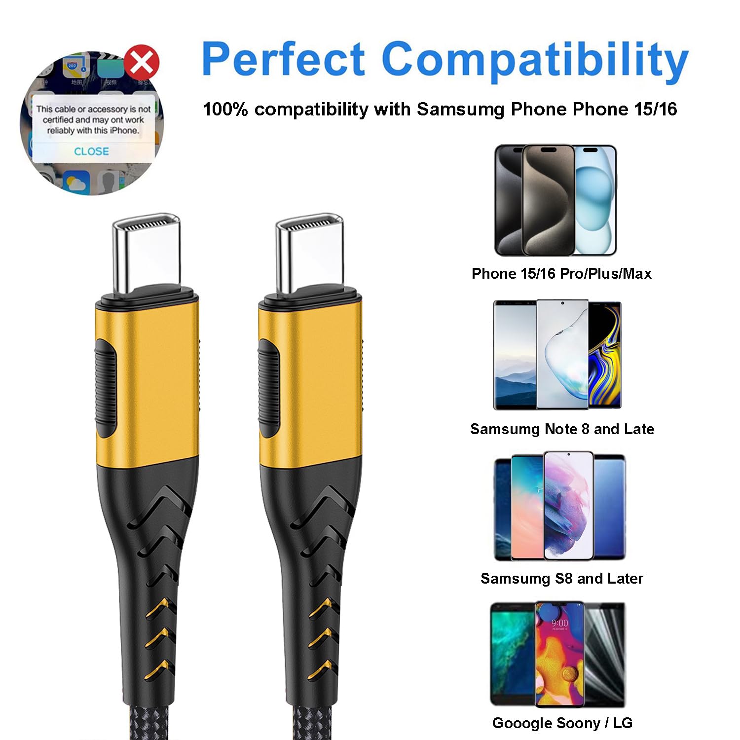 Thumbnail 5 de Durcord USB C to USB C Cable (2-Pack) — 6ft, 100W Fast Charging, Gold Braided