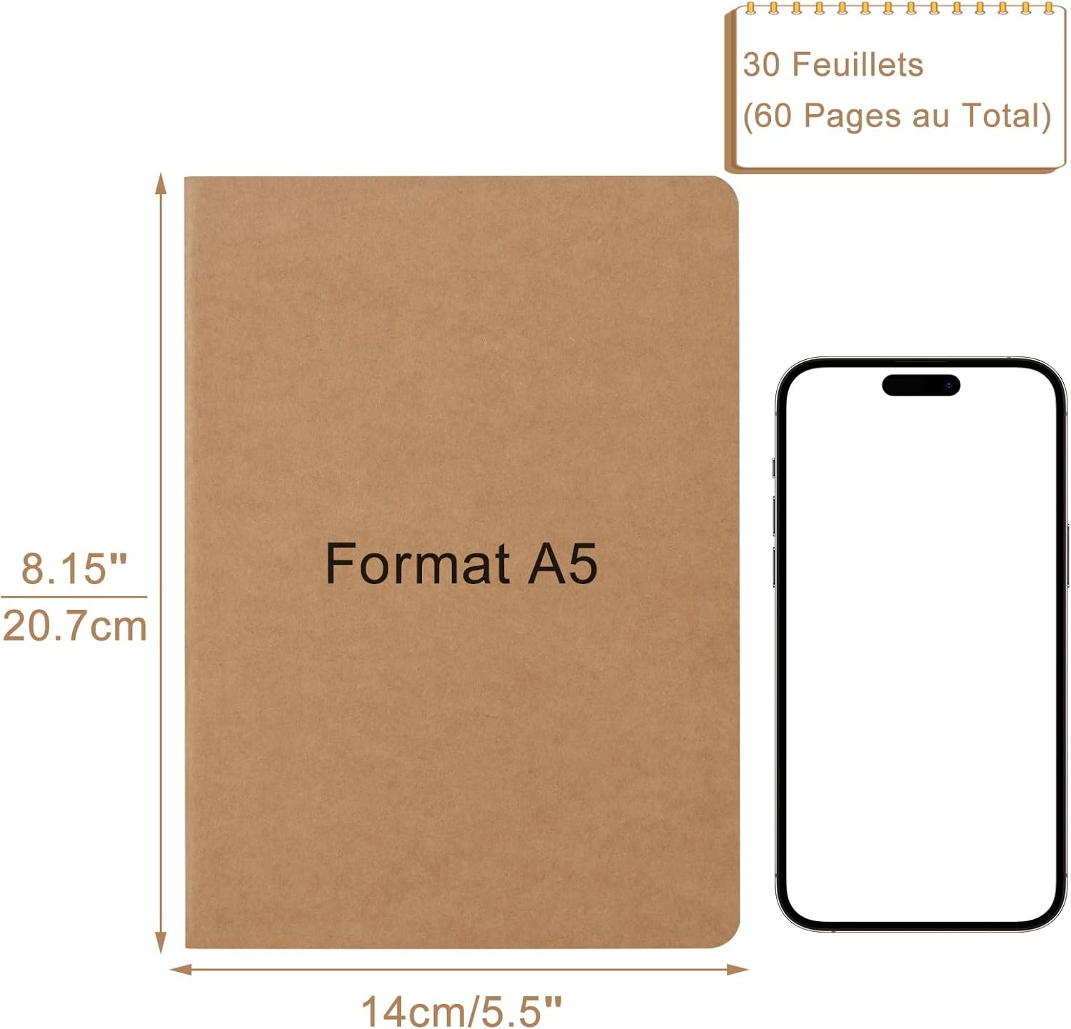Thumbnail 2 de ZCZN A5 Cahiers Lignés Kraft 60 Pages par Bloc – Lot de 12 blocs, 80 gsm, reliure à fil