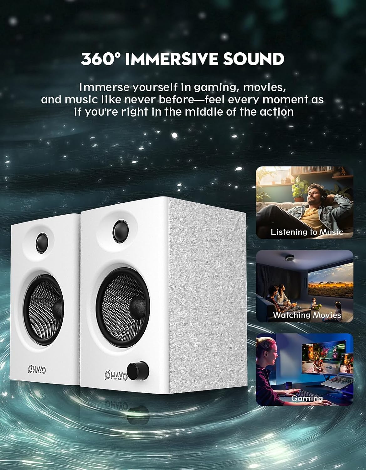Detalle 2 de OHAYO 60W Aktive PC-Lautsprecher – Bluetooth 5.3, USB-C/RCA/AUX, 2.0 Stereo Set (1 aktiv + 1 passiv)