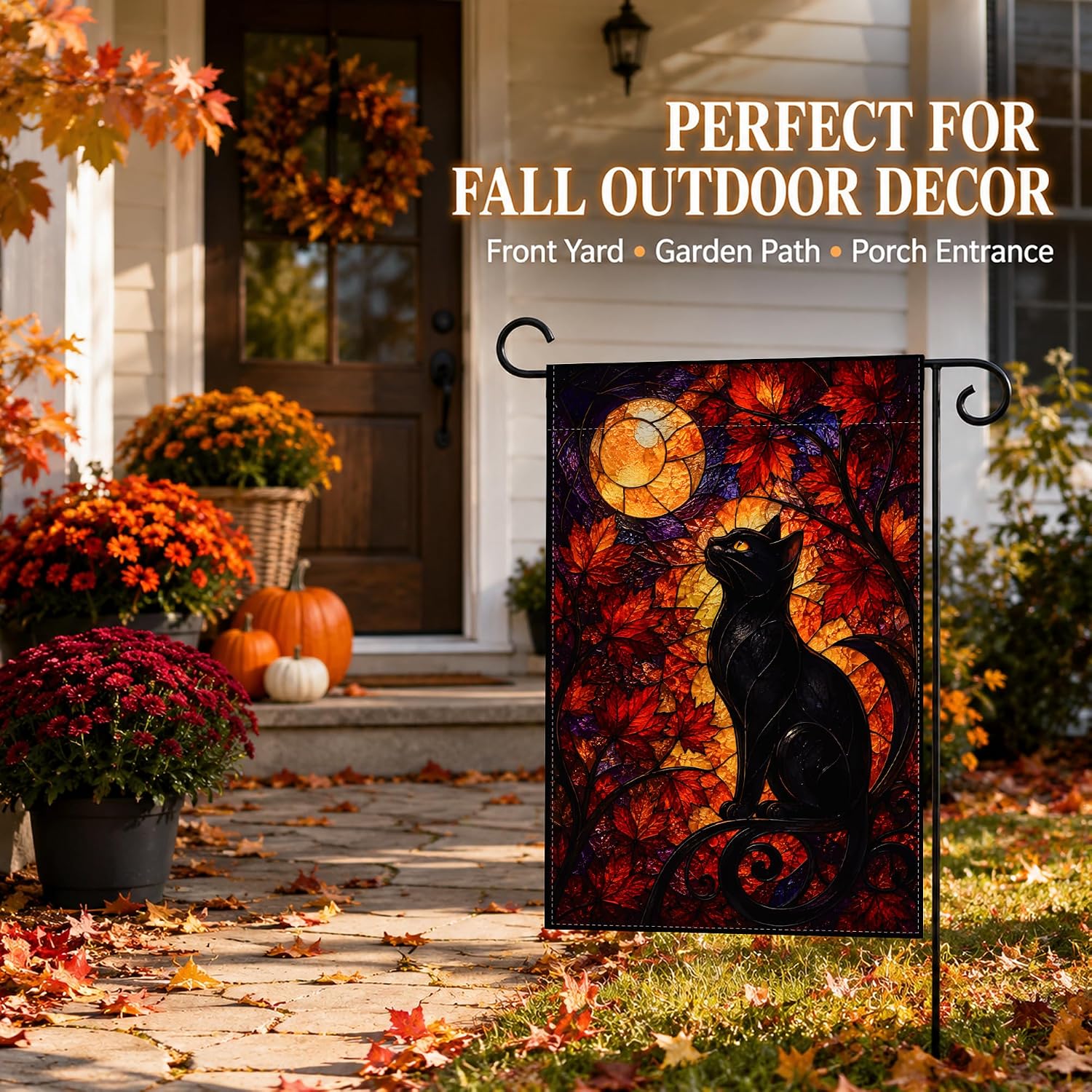 Detalle 1 de OHOME Stained Glass Black Cat Moon Garden Flag, Double-Sided Polyester