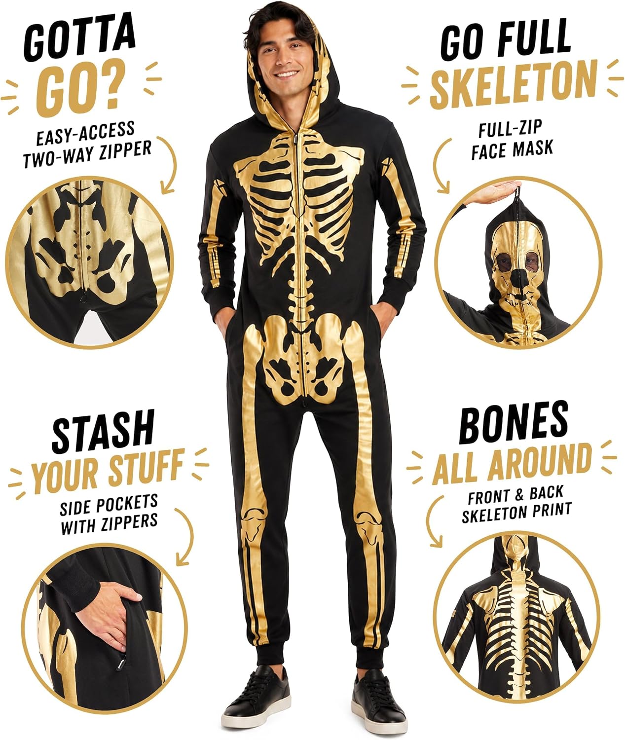 Thumbnail 2 de Tipsy Elves TE-JMP43 Men's Hooded Skeleton Costume Jumpsuit, Metallic Gold Print