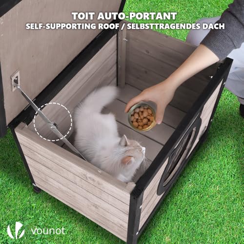 Thumbnail 5 de VOUNOT Casetta per Gatti in Legno con Porta Design Orecchie di Gatto, 57 x 45 x 43 cm, Grigio – Cuccia da Esterno con Porta e Tetto