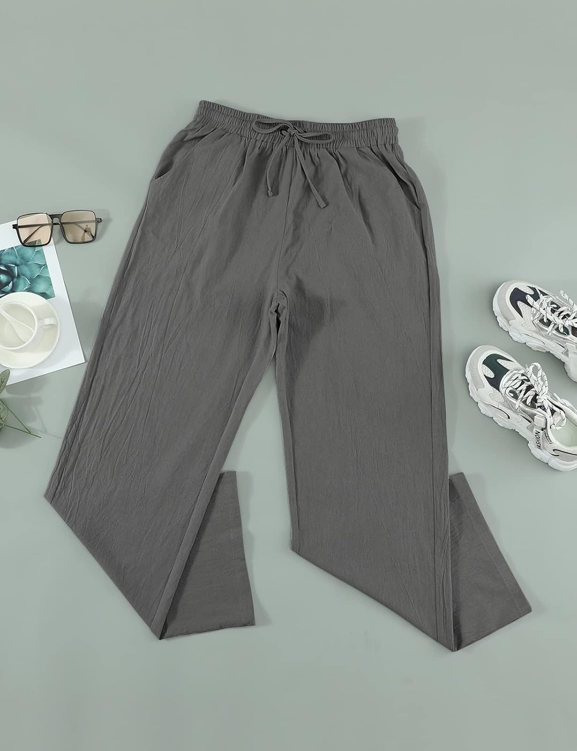 Detalle de Pantalon Femme Yuson en Lin Décontracté – Poches, Taille Élastique, 7 couleurs