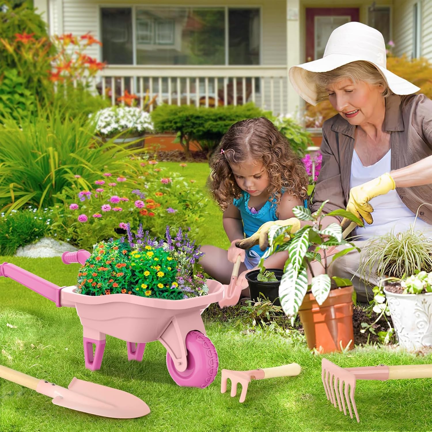 Thumbnail 5 de Qtioucp Kids Gardening Tools Set with Wheelbarrow 27.6