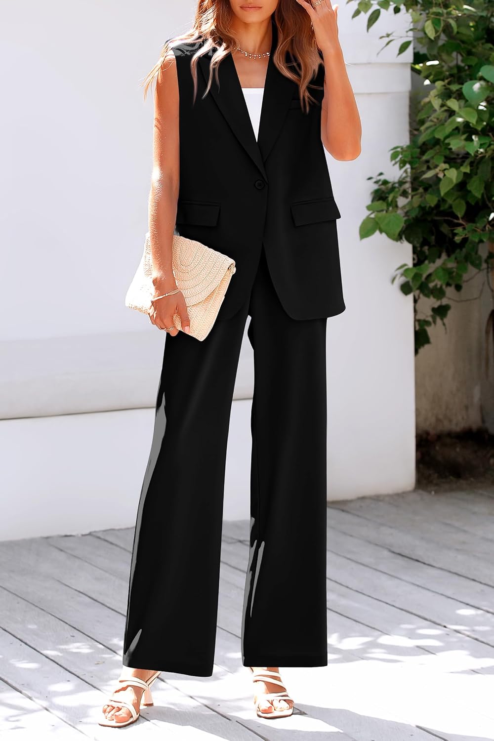 Detalle de PRETTYGARDEN Women's 2 Piece Sleeveless Vest and Wide Leg Pants Suit Set