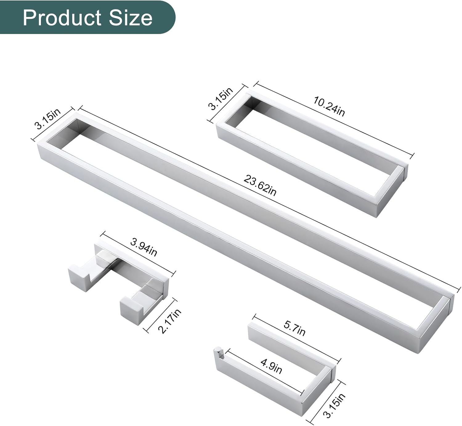 Thumbnail 5 de TNOMS Q8 4-Piece Bathroom Hardware Set, Polished Chrome, 23.6-Inch Towel Bar