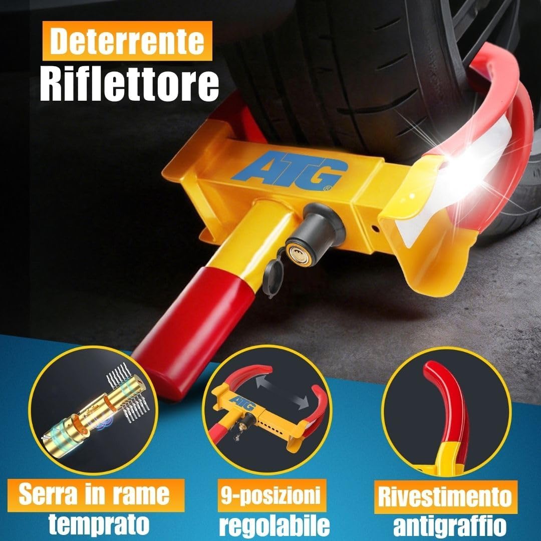 Detalle de ATG Bloccaruota Auto e Rimorchio – Antifurto meccanico universale per auto, caravan, rimorchi, scooter e moto (18–28 cm)