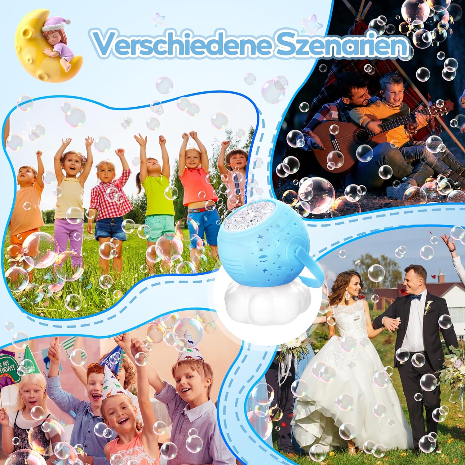 Detalle de cossy Seifenblasenmaschine – Automatisch, mit Lichtprojekt und wiederaufladbar (Blau)