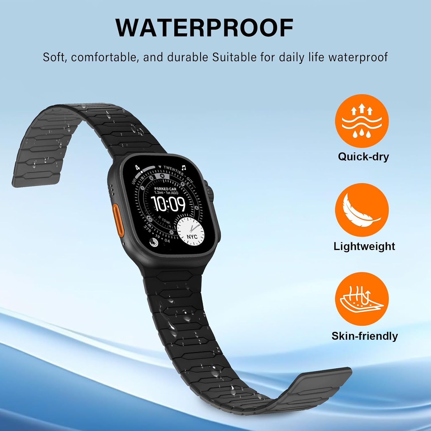 Detalle de Sixmoat Magnetic Band for Apple Watch — 42–49mm Silicone Magnetic Strap (Black/Gray)