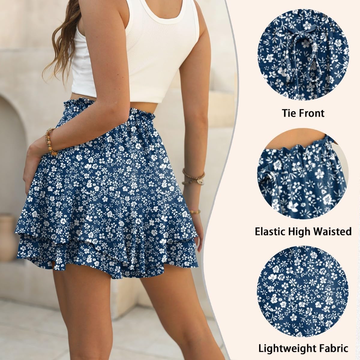 Detalle de PrinStory Short à volants pour femme – taille haute, court fluide et cordon de serrage