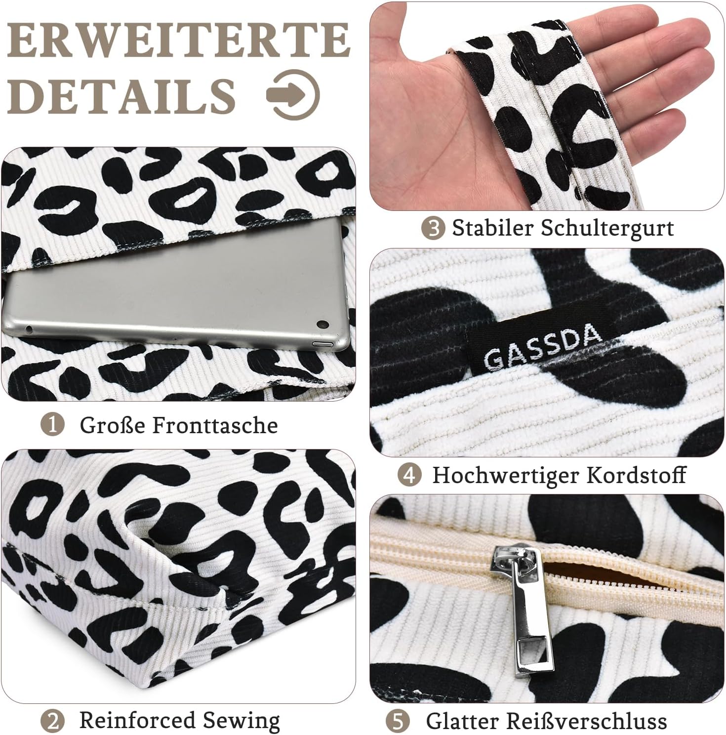 Detalle de GASSDA Handtasche Damen Groß Shopper Tasche aus Cord mit Reißverschluss – Laptop & Alltagstauglich