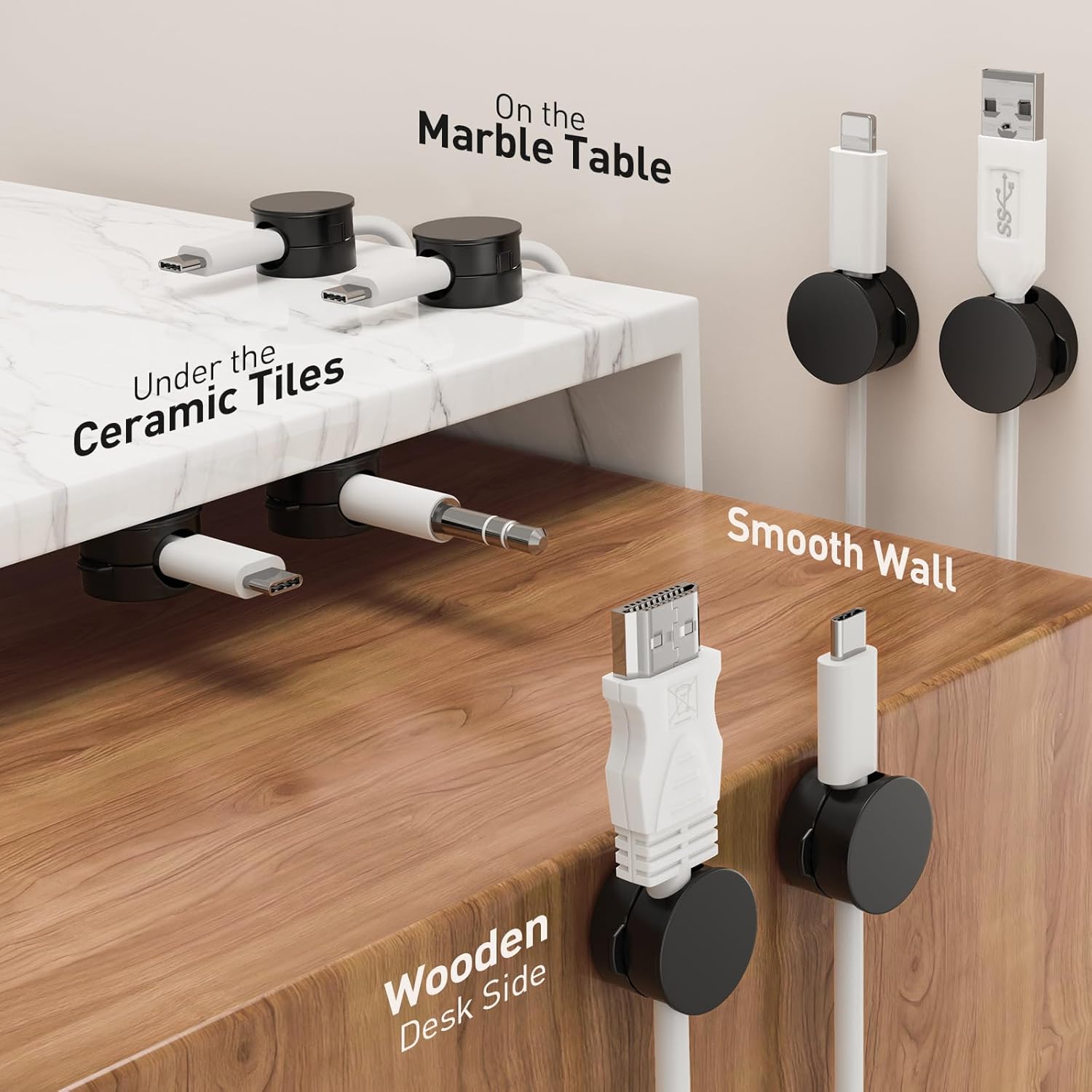 Detalle de AGPTEK 8 clips câble magnétiques avec base rotative 360° et adhésifs (noir)