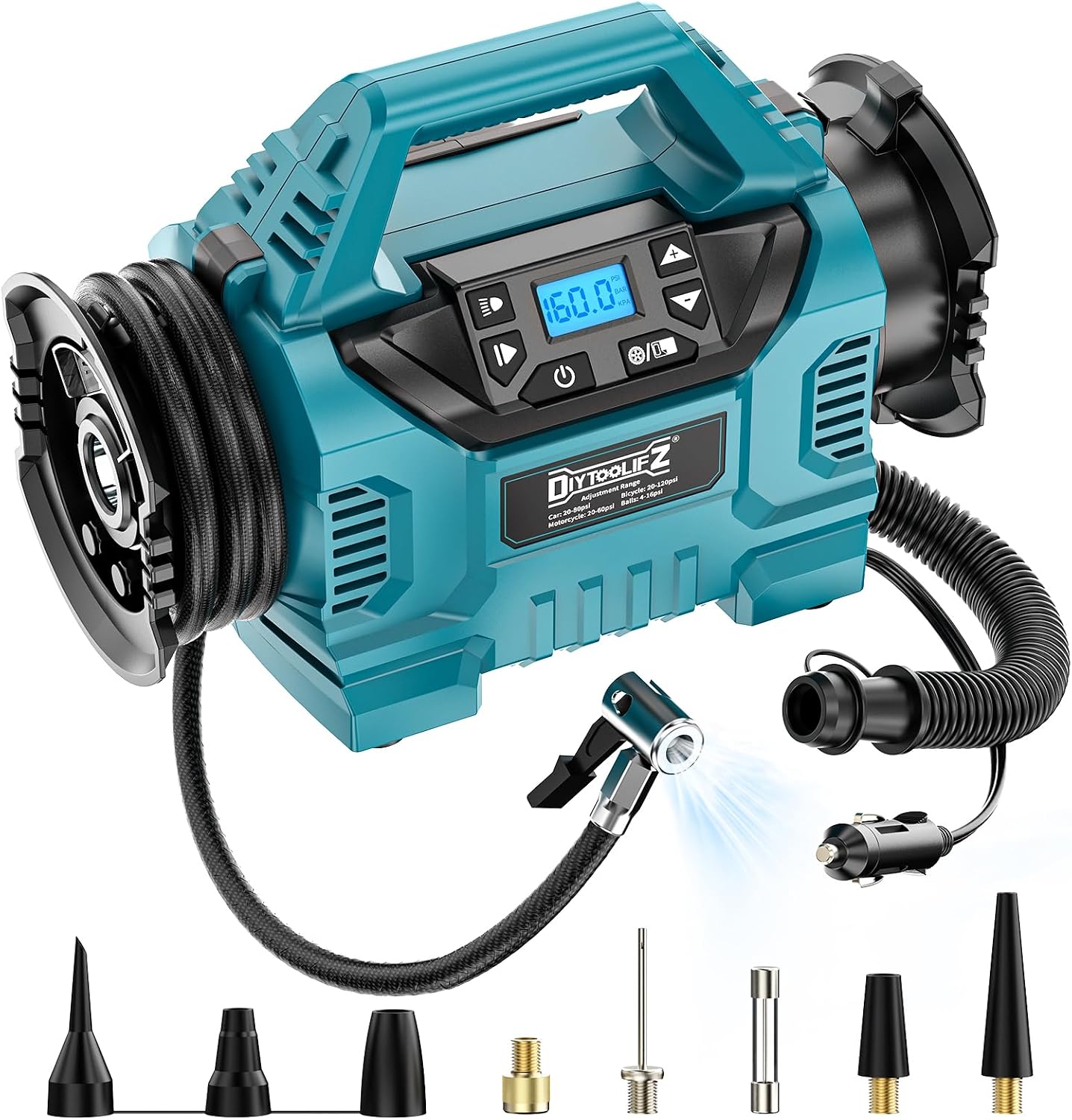 Detalle de 3X Faster Tire Inflator/Deflator with Makita 18V Compatibility — DIYtoolifz 160 PSI Cordless Air Compressor Pump (Tool Only)