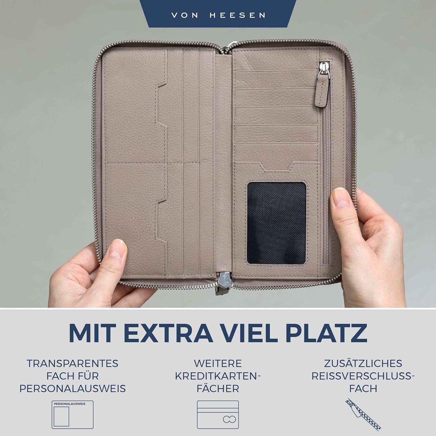 Thumbnail 3 de VON HEESEN Leder Geldbörse mit RFID-Schutz – Portemonnaie aus echtem Nappaleder mit Münzfach in Taupe