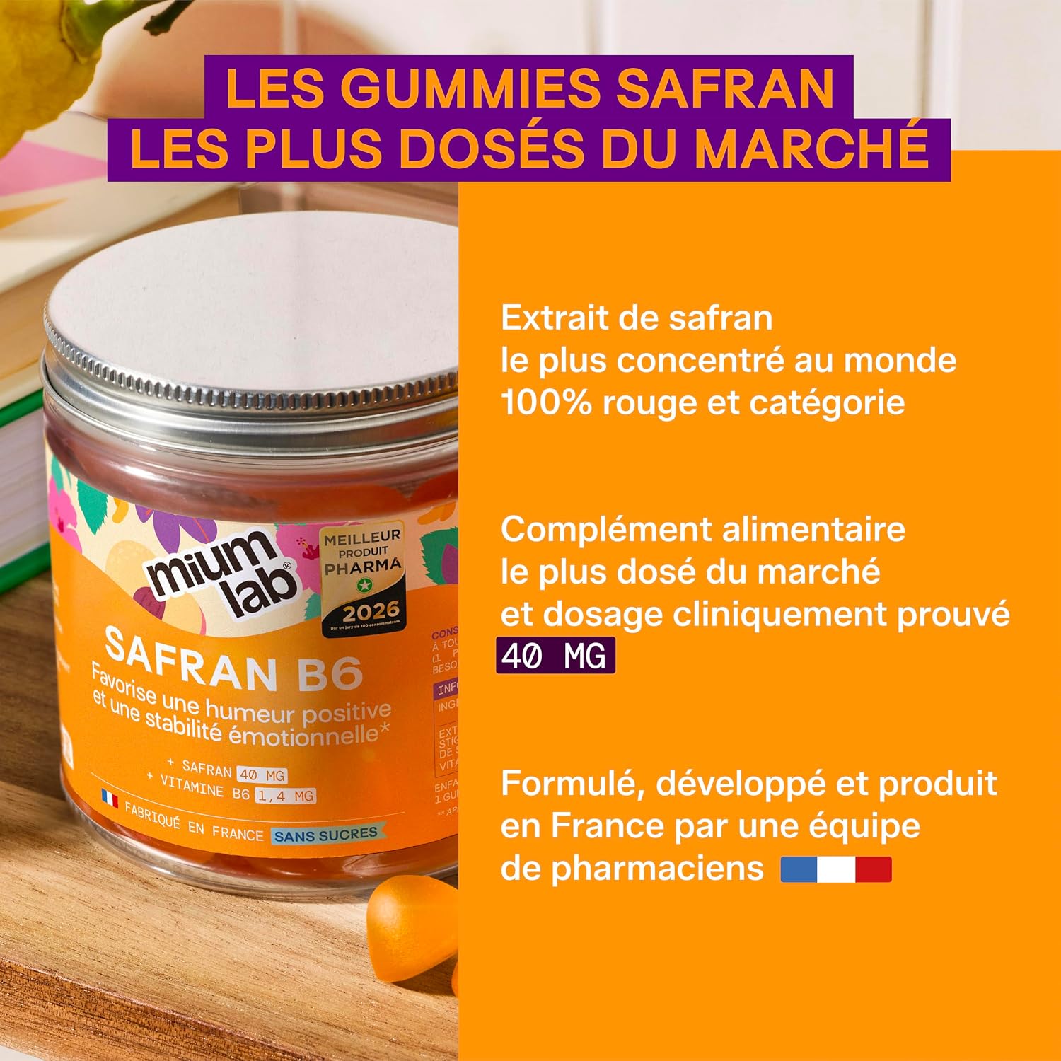 Detalle de Mium Lab Gummies Safran & Vitamine B6 (40 mg) sans sucres — enfants dès 4 ans et adultes