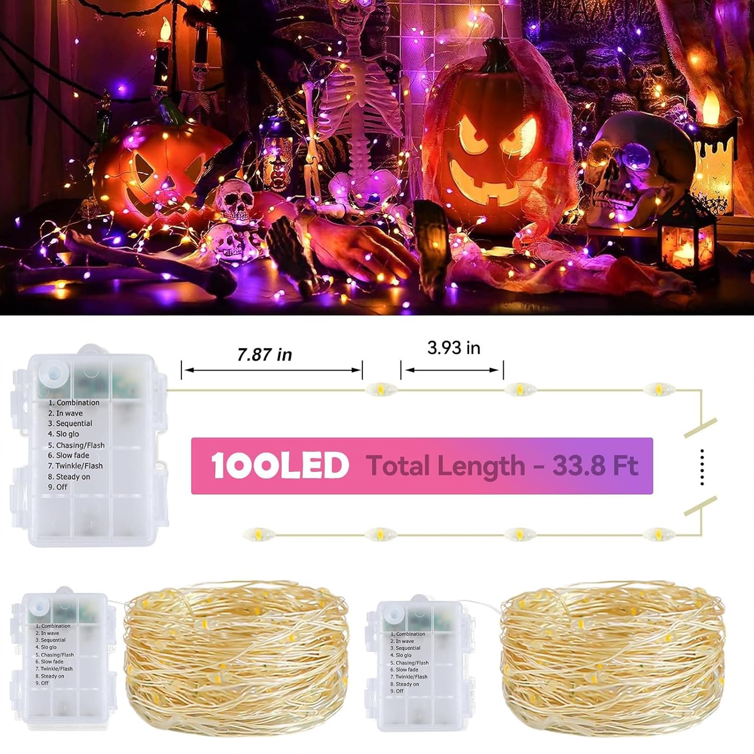 Thumbnail 6 de AcaJoe JT000130GYCA Halloween String Lights, 2 x 100 Orange & Purple LEDs