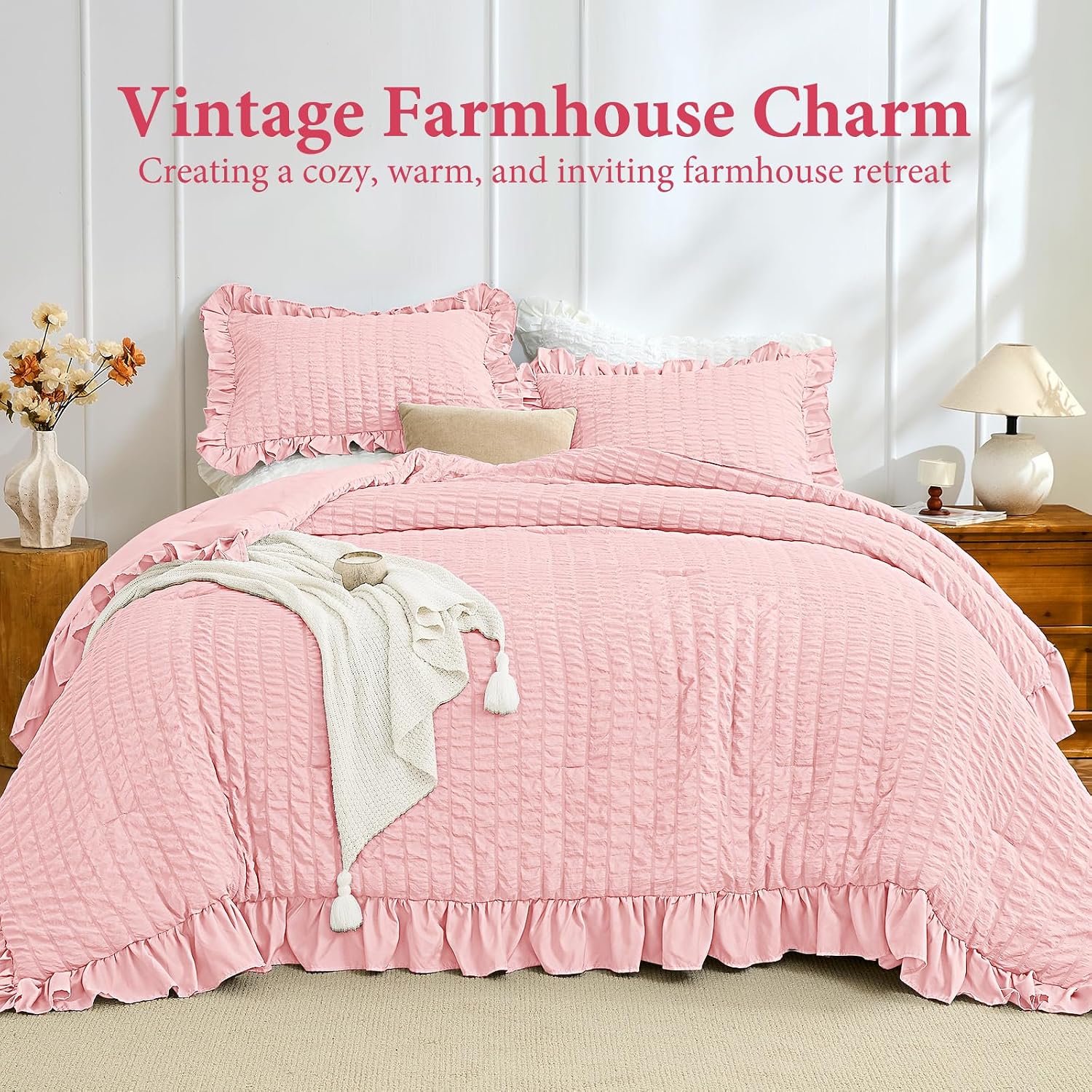 Detalle de JOLLYVOGUE Pink Seersucker Queen Comforter Set, 3 Pieces – Lightweight All-Season With Ruffle Details